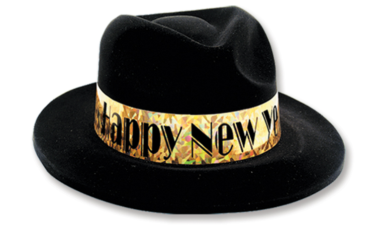 Black Velour Fedora with Gold Prismatic Happy New Year Band